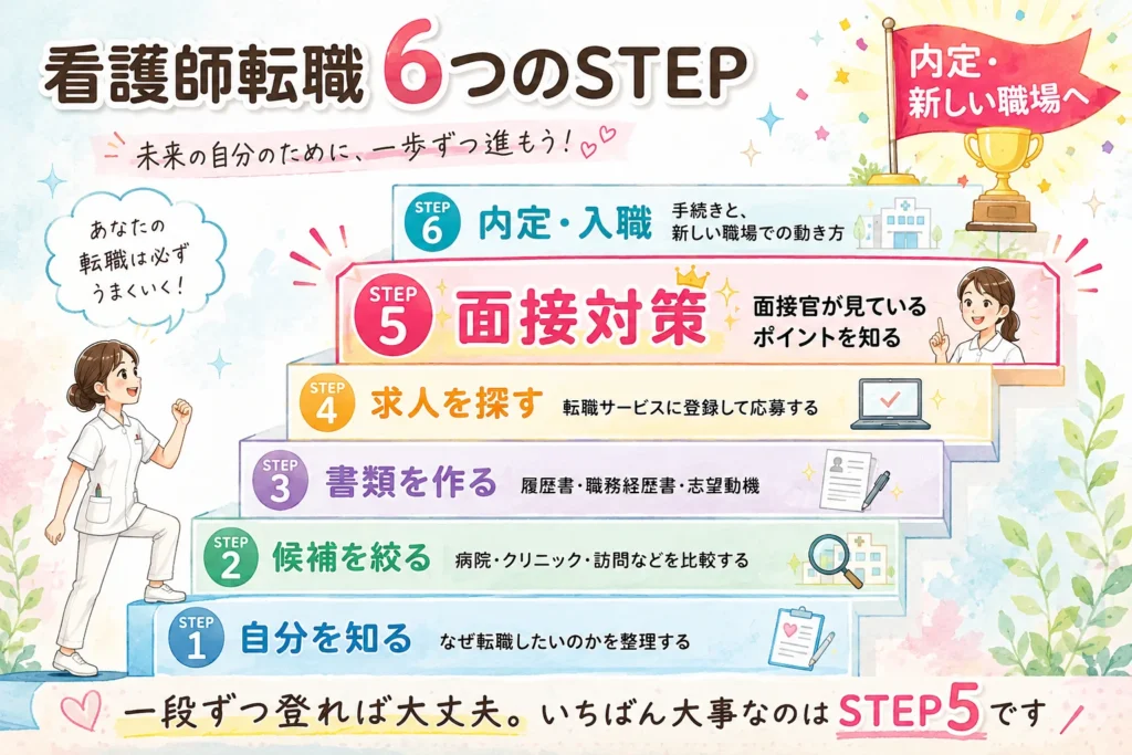 看護師転職6つのSTEPの図解:STEP1 自分を知る(なぜ転職したいのかを整理する)/STEP2 候補を絞る(病院・クリニック・訪問などを比較する)/STEP3 書類を作る(履歴書・職務経歴書・志望動機)/STEP4 求人を探す(転職サービスに登録して応募する)/STEP5 面接対策(面接官が見ているポイントを知る)/STEP6 内定・入職(手続きと新しい職場での動き方)