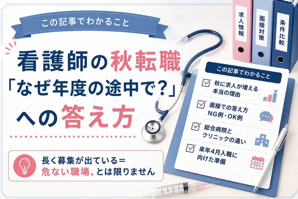 この記事でわかること:秋に求人が増える本当の理由/面接での答え方(NG例・OK例)/総合病院とクリニックの違い/来年4月入職に向けた準備