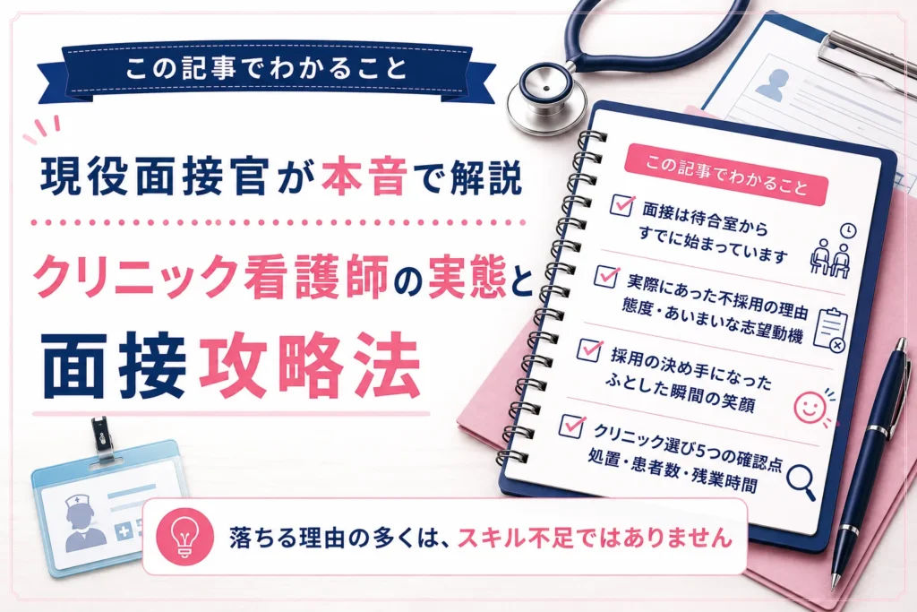 この記事でわかること：面接は待合室からすでに始まっています／実際にあった不採用の理由 態度・あいまいな志望動機／採用の決め手になったふとした瞬間の笑顔／クリニック選び5つの確認点 処置・患者数・残業時間
