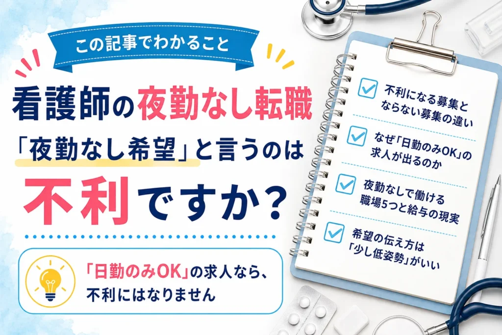この記事でわかること：不利になる募集とならない募集の違い／なぜ「日勤のみOK」の求人が出るのか／夜勤なしで働ける職場5つと給与の現実／希望の伝え方は「少し低姿勢」がいい