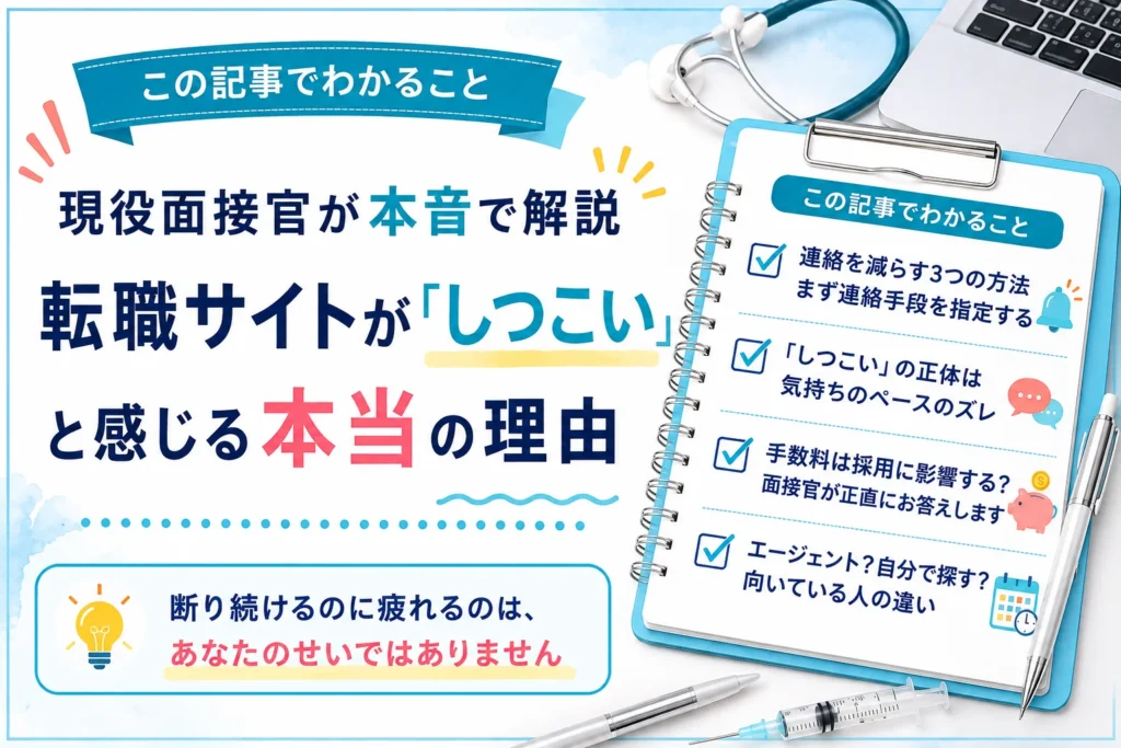 この記事でわかること：連絡を減らす3つの方法 まず連絡手段を指定する／「しつこい」の正体は気持ちのペースのズレ／手数料は採用に影響する？面接官が正直にお答えします／エージェント？自分で探す？向いている人の違い