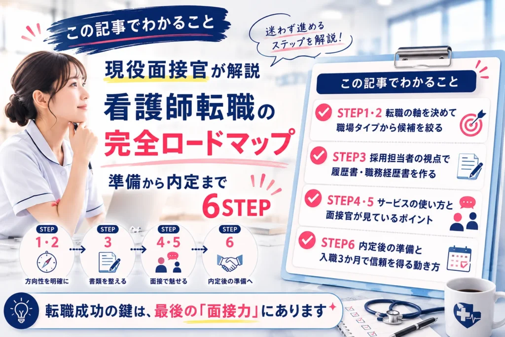 この記事でわかること:STEP1・2 転職の軸を決めて職場タイプから候補を絞る/STEP3 採用担当者の視点で履歴書・職務経歴書を作る/STEP4・5 サービスの使い方と面接官が見ているポイント/STEP6 内定後の準備と入職3か月で信頼を得る動き方