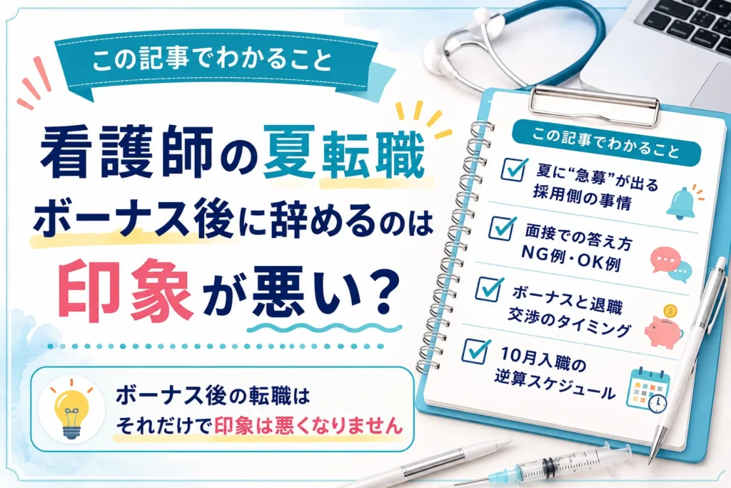 この記事でわかること:夏に“急募”が出る採用側の事情/面接での答え方(NG例・OK例)/ボーナスと退職交渉のタイミング/10月入職の逆算スケジュール
