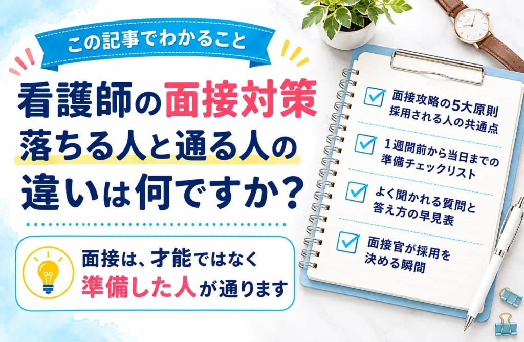 この記事でわかること:面接攻略の5大原則 採用される人の共通点/1週間前から当日までの準備チェックリスト/よく聞かれる質問と答え方の早見表/面接官が採用を決める瞬間