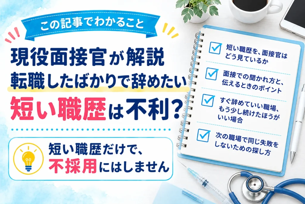 この記事でわかること:短い職歴を、面接官はどう見ているか/面接での聞かれ方と、伝えるときのポイント/すぐ辞めていい職場、もう少し続けたほうがいい場合/次の職場で同じ失敗をしないための探し方